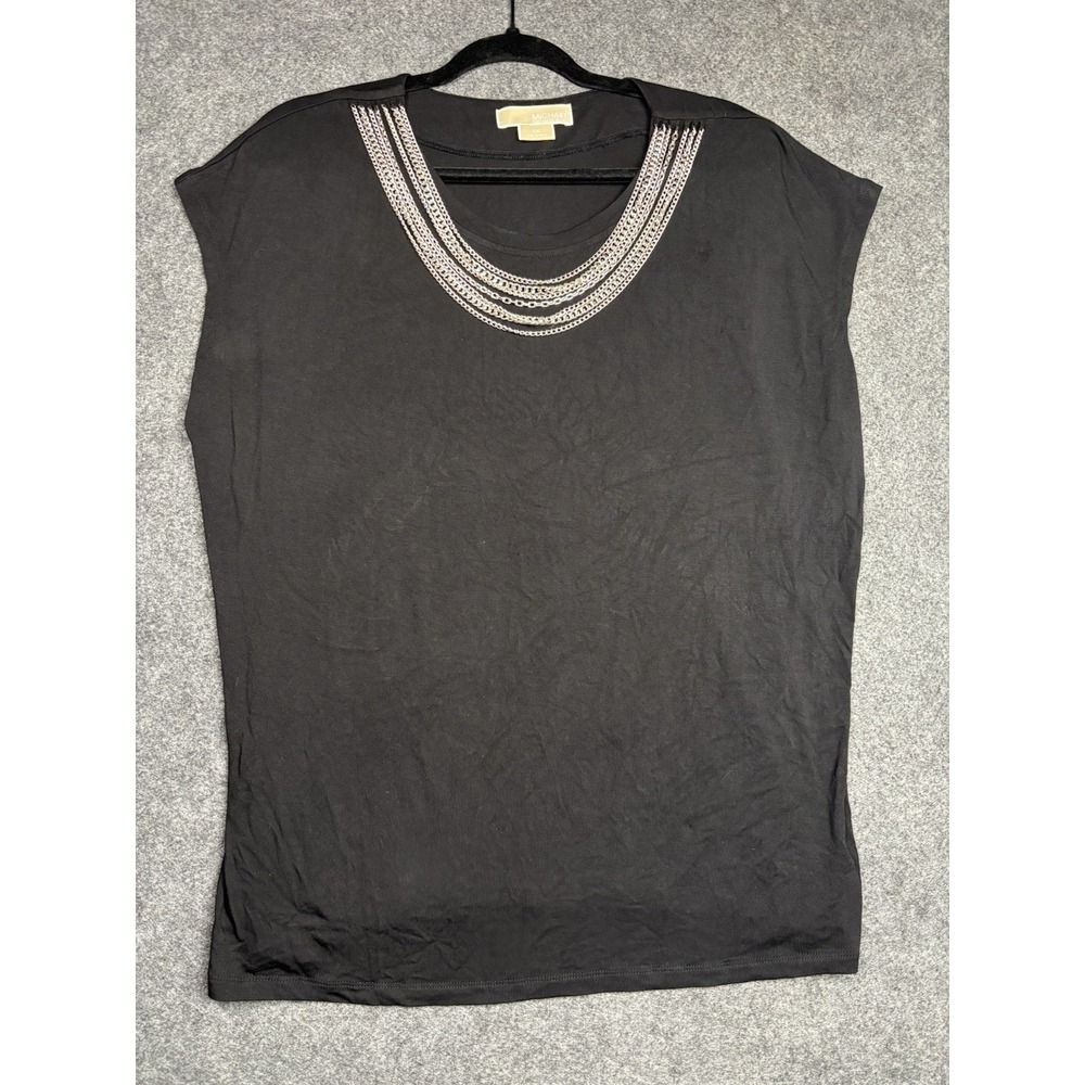 Michael Kors Women's 1X Black Chain Neck Cap Sleeve Blouse Plus Size Top